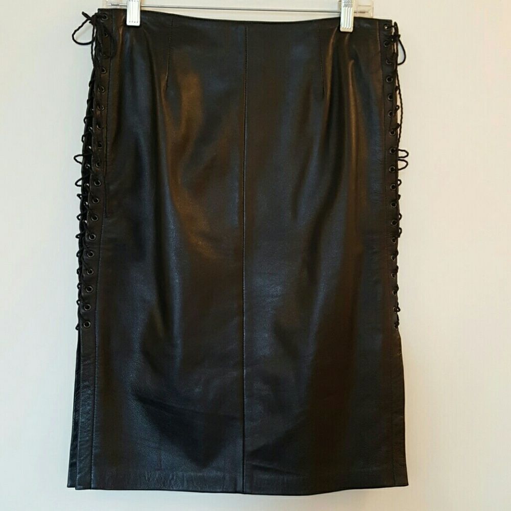 Catherine Malandrino black leather lace up skirt.  quiet luxury